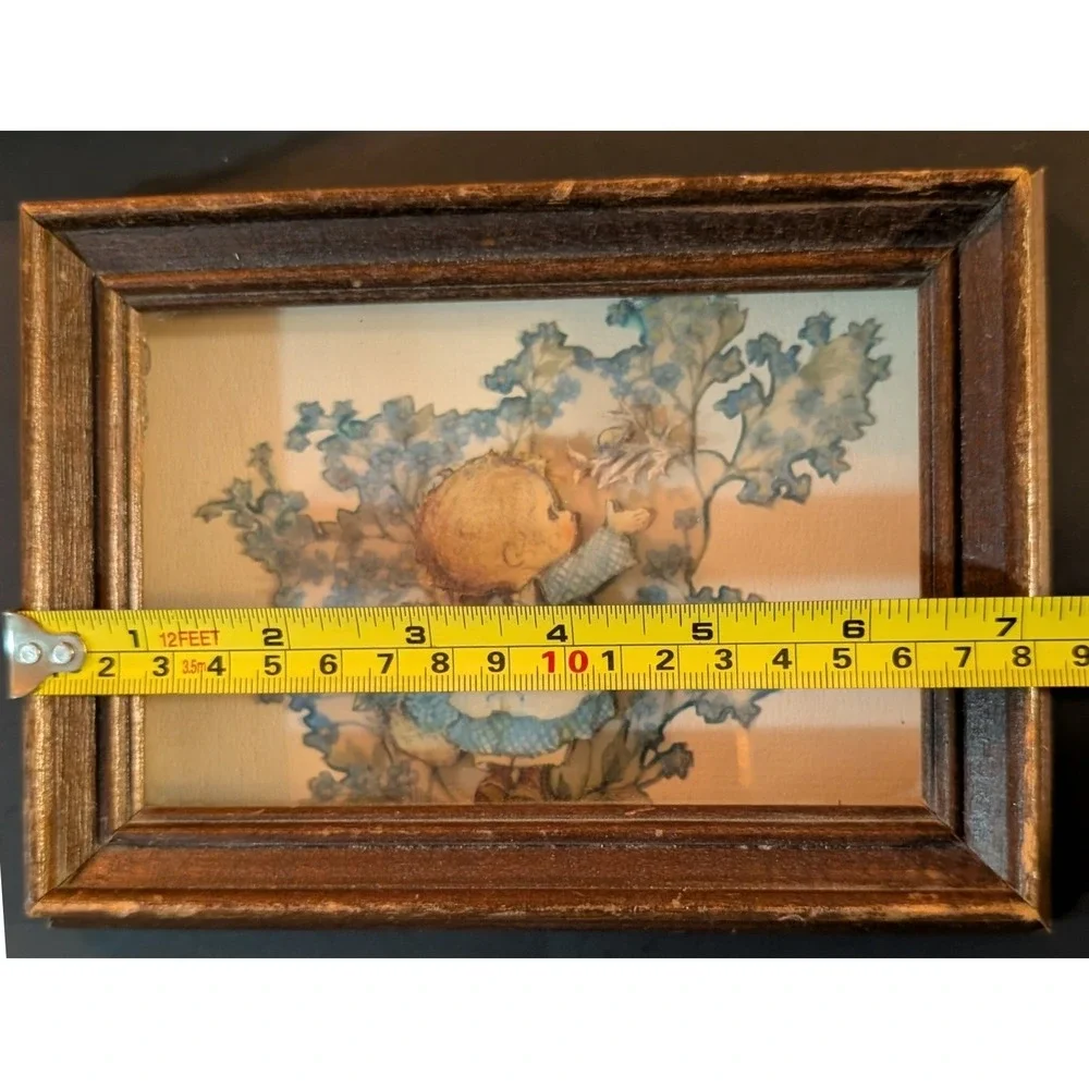Vintage 70s Cottagecore Forget Me Not Child 3D Art Shabby Chic Thick Wood Frame